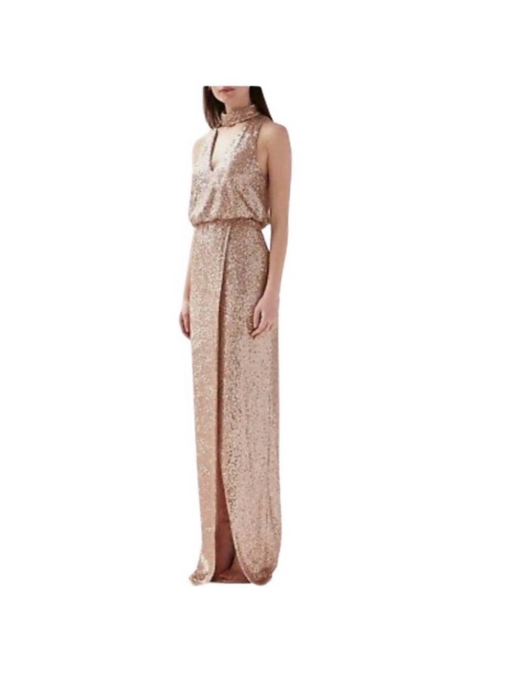 Monique Lhuillier Rose Gold Sequin Halter Maxi Dress